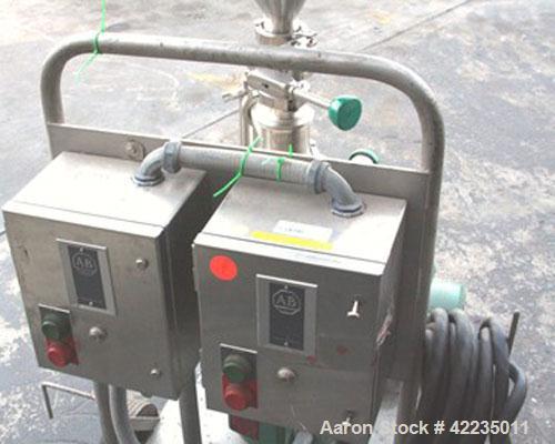 Used Tri-Clover Tri-Blender, Model F2116MDG-SYS-460, Stainless Steel. 4-1/2" diameter x 1-1/2" high 3 blade impeller. Driven by an approximate 3 hp motor. 3" top inlet, 1-1/2" side inlet, 1-1/2" side...