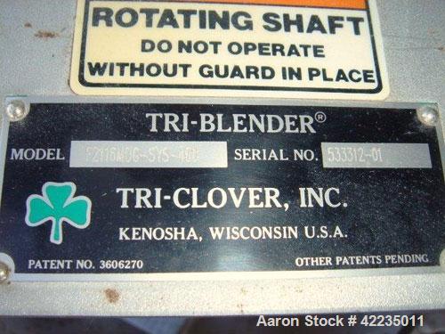 Used Tri-Clover Tri-Blender, Model F2116MDG-SYS-460, Stainless Steel. 4-1/2" diameter x 1-1/2" high 3 blade impeller. Driven by an approximate 3 hp motor. 3" top inlet, 1-1/2" side inlet, 1-1/2" side...