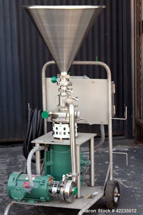 Used Tri-Clover Tri-Blender, Model F2116MDG-SYS-460, Stainless Steel. 4-1/2" diameter x 1-1/2" high 3 blade impeller. Driven by an approximate 3 hp motor. 3" top inlet, 1-1/2" side inlet, 1-1/2" side...