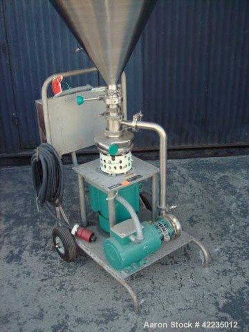 Used Tri-Clover Tri-Blender, Model F2116MDG-SYS-460, Stainless Steel. 4-1/2" diameter x 1-1/2" high 3 blade impeller. Driven by an approximate 3 hp motor. 3" top inlet, 1-1/2" side inlet, 1-1/2" side...