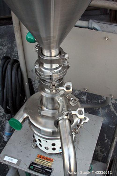 Used Tri-Clover Tri-Blender, Model F2116MDG-SYS-460, Stainless Steel. 4-1/2" diameter x 1-1/2" high 3 blade impeller. Driven by an approximate 3 hp motor. 3" top inlet, 1-1/2" side inlet, 1-1/2" side...