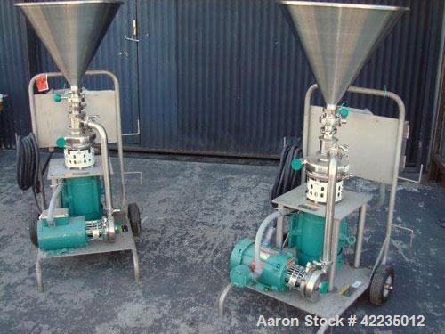 Used Tri-Clover Tri-Blender, Model F2116MDG-SYS-460, Stainless Steel. 4-1/2" diameter x 1-1/2" high 3 blade impeller. Driven by an approximate 3 hp motor. 3" top inlet, 1-1/2" side inlet, 1-1/2" side...
