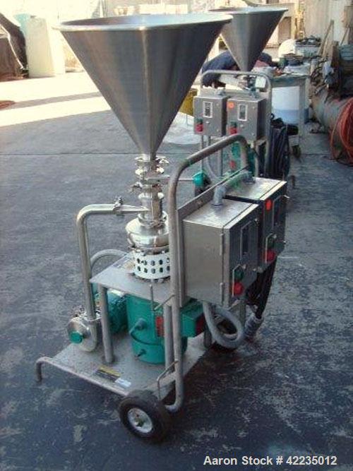 Used Tri-Clover Tri-Blender, Model F2116MDG-SYS-460, Stainless Steel. 4-1/2" diameter x 1-1/2" high 3 blade impeller. Driven by an approximate 3 hp motor. 3" top inlet, 1-1/2" side inlet, 1-1/2" side...
