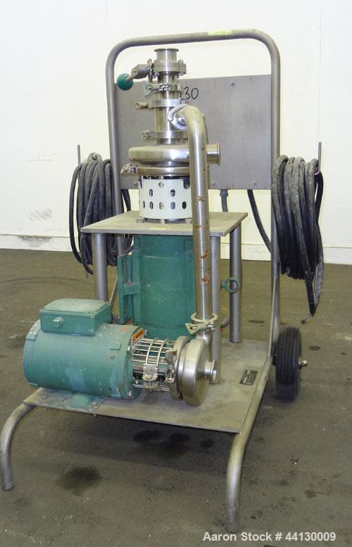 Used Tri-Clover Tri-Blender, Model F2116MDG-SYS-460, 316 Stainless Steel. Dry ingredient capacity up to 50 pounds per minute. Approximate 4” diameter 3 blade impeller. Driven by a 3 hp, 3/60/230/460 ...