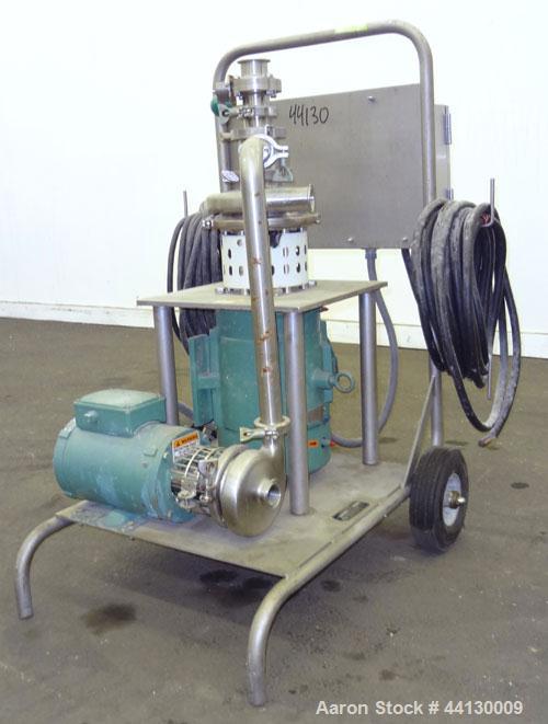 Used Tri-Clover Tri-Blender, Model F2116MDG-SYS-460, 316 Stainless Steel. Dry ingredient capacity up to 50 pounds per minute. Approximate 4” diameter 3 blade impeller. Driven by a 3 hp, 3/60/230/460 ...