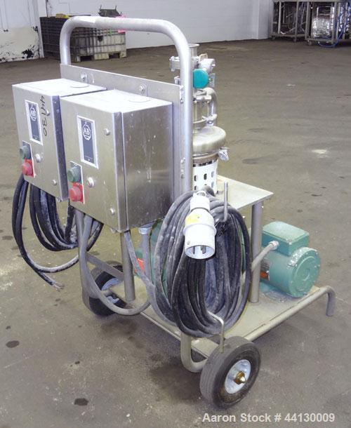 Used Tri-Clover Tri-Blender, Model F2116MDG-SYS-460, 316 Stainless Steel. Dry ingredient capacity up to 50 pounds per minute. Approximate 4” diameter 3 blade impeller. Driven by a 3 hp, 3/60/230/460 ...
