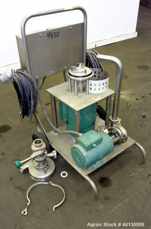 Used Tri-Clover Tri-Blender, Model F2116MDG-SYS-460, 316 Stainless Steel. Dry ingredient capacity up to 50 pounds per minute. Approximate 4” diameter 3 blade impeller. Driven by a 3 hp, 3/60/230/460 ...
