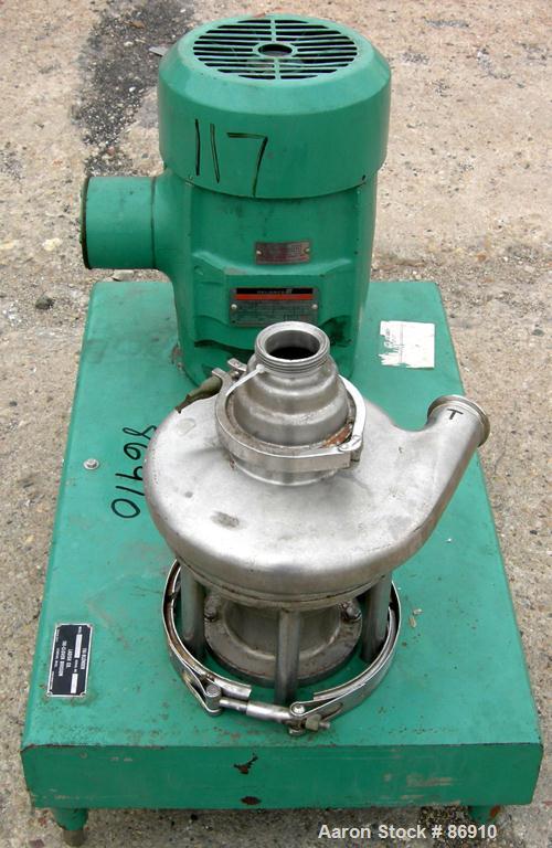 Used Tri Clover Tri-Blender, Model F3218MD-B40, 316 Stainless Steel. Approximate 7.5" diameter impeller. 2-1/2" NPT powder inlet, 4" tri-clamp inlet with hopper, 2" tri-clamp liquid outlet. Dry ingre...