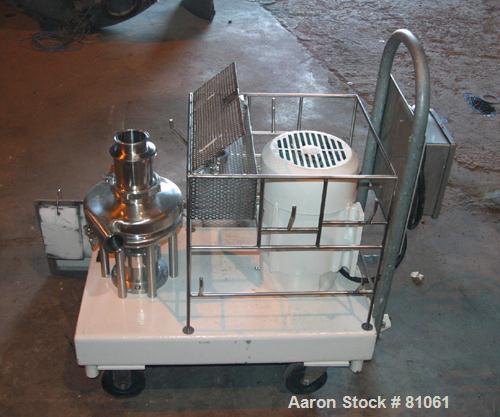 USED:Tri Clover Tri Blender, model F3218, 316 stainless steel.Approx 10" diameter impeller, 4-1/2" tri-clamp powder inlet (nohopper), 1-1/2" tri-clamp liquid inlet, 2-1/2" tri-clamp liquidoutlet. Dry...