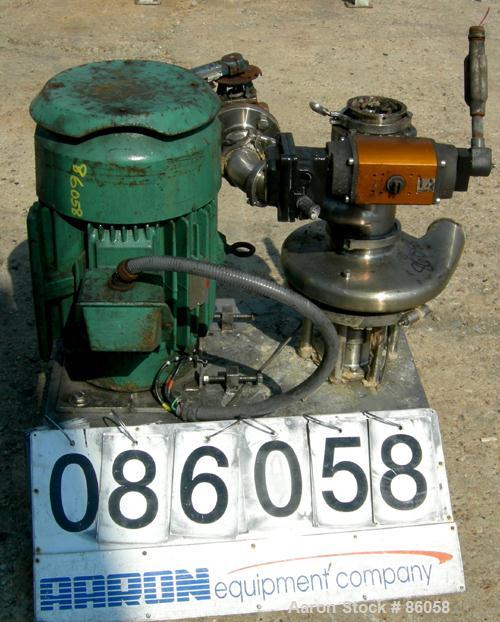 Used Tri-Clover Tri-Blender, Model F4329, 316 Stainless Steel. Approximate 9 1/2" diameter impeller, 4" tri-clamp powder inlet, no hopper, 2" tri-clamp liquid inlet, 3" tri-clamp liquid outlet. Dry i...