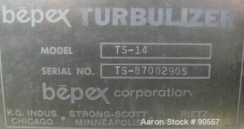 USED:Bepex turbulizer, model TS-14, 304 stainless steel.14" diameter x 42" long non-jacketed chamber.3" diameter shaft with 4 rows of (10) 3/4" diameter x 5" long pins, with 1 1/2" wide paddles, driv...