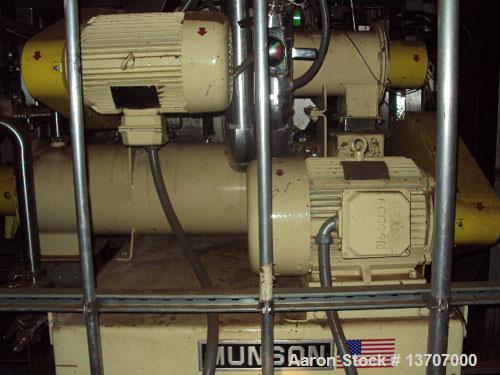 Used Munson Mixer, Model HIM-83/124 SS. Mixing chamber 4' long x 12" deep, 20 hp main drive, feeder 33" long x 9" deep, 10 hp, mixing liquids and solids. Includes (2) Schenck Accu Rate feeders, (1) l...