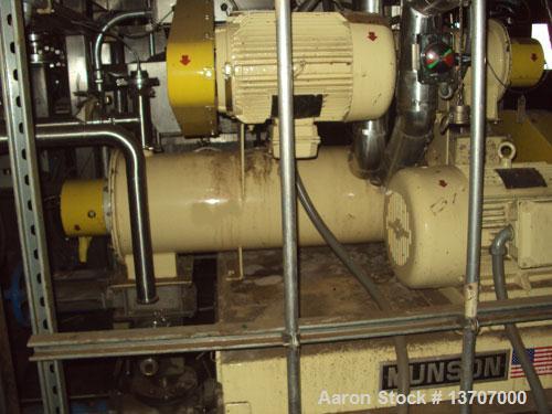 Used Munson Mixer, Model HIM-83/124 SS. Mixing chamber 4' long x 12" deep, 20 hp main drive, feeder 33" long x 9" deep, 10 hp, mixing liquids and solids. Includes (2) Schenck Accu Rate feeders, (1) l...