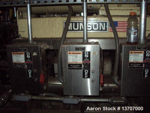 Used Munson Mixer, Model HIM-83/124 SS. Mixing chamber 4' long x 12" deep, 20 hp main drive, feeder 33" long x 9" deep, 10 hp, mixing liquids and solids. Includes (2) Schenck Accu Rate feeders, (1) l...