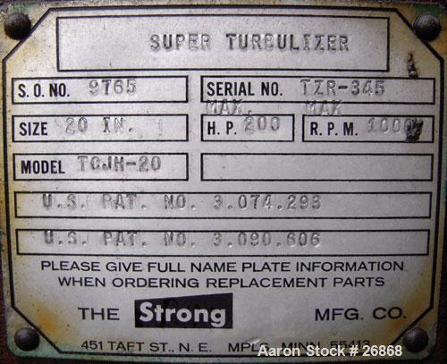 Used Strong Scott "Super" Turbulizer, Model TCJH-20, Chrome. 20" diameter x 55" long chamber. Approximate 10" diameter shaft with (4) rows of (14) 304 stainless steel single edge blades. Open clamshe...