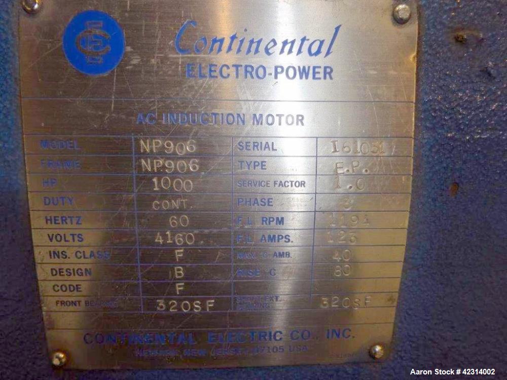 Used- Continental Electro-Power AC Induction Motor, Model NP906. 1000HP, 3/60/4160 volt, 1194 rpm XP. 123 Amps. Continuous d...
