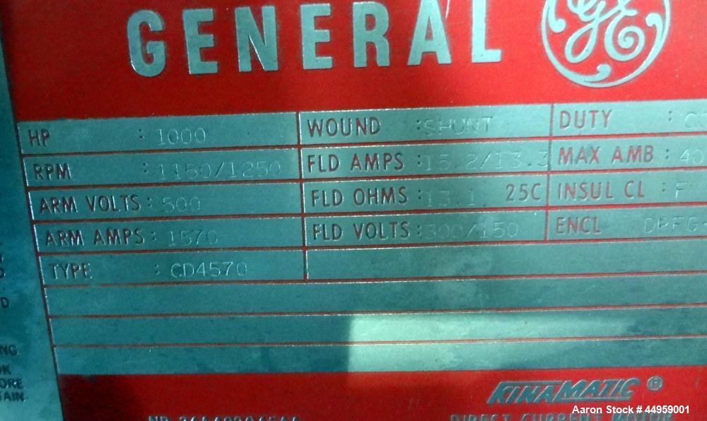 Used General Electric Kinamatic DC Motor, 1000 hp, Model 5CD454IIA001C801, Type CD4570.  1150/1250 Rpm, 500 arm volts, 1570 arm amps.  Serial #NC-2-62 OC.