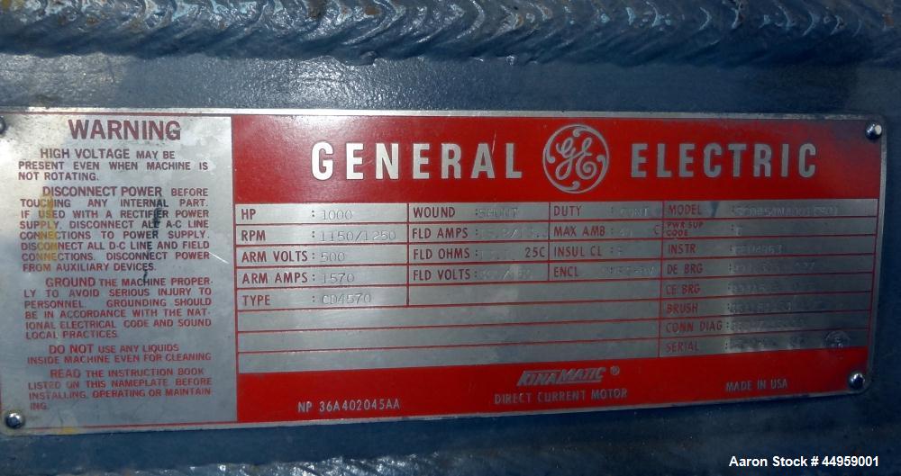 Used General Electric Kinamatic DC Motor, 1000 hp, Model 5CD454IIA001C801, Type CD4570.  1150/1250 Rpm, 500 arm volts, 1570 arm amps.  Serial #NC-2-62 OC.