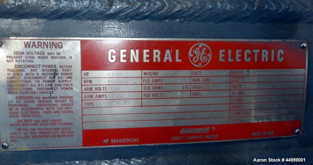 Used- General Electric Kinamatic DC Motor, 1000 hp, Model 5CD454IIA001C801, Type CD4570.  1150/1250 Rpm, 500 arm volts, 1570...