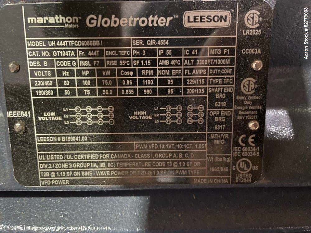 Unused- Leeson Globetrotter 100 HP Motor, Model UH 444TTFCD6086BB I. Rated 100hp (75kW) at 3/60/230/460 volt, 1190 rpm. Rated 75hp (56 kW) at 3/50/190/380 volt, 990 rpm. Cat# GT1047A. Frame 444T. Typ...