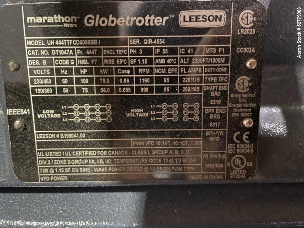 Unused- Leeson Globetrotter 100 HP Motor, Model UH 444TTFCD6086BB I. Rated 100hp (75kW) at 3/60/230/460 volt, 1190 rpm. Rate...