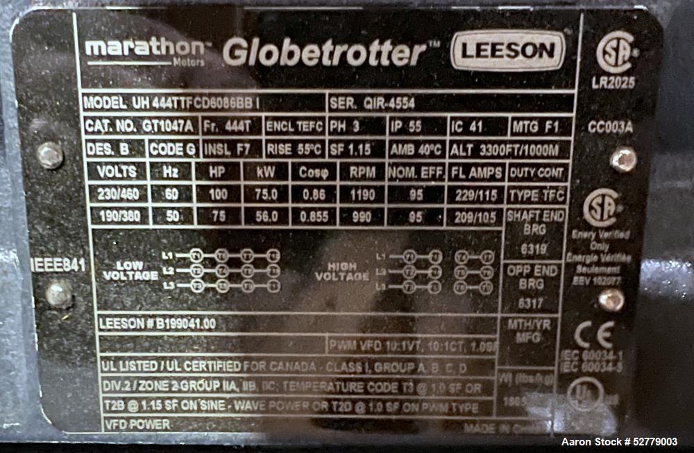 Unused- Leeson Globetrotter 100 HP Motor, Model UH 444TTFCD6086BB I. Rated 100hp (75kW) at 3/60/230/460 volt, 1190 rpm. Rated 75hp (56 kW) at 3/50/190/380 volt, 990 rpm. Cat# GT1047A. Frame 444T. Typ...