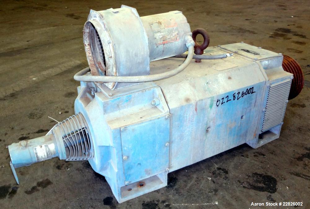 Used Reliance DC Motor. 150hp, 500 volts, 1750/2000 rpm. Frame LC32J2ATY. ID#1KSK09406J-QS. Includes an 8 belt sheave. Last used on a 110mm twin screw extruder.