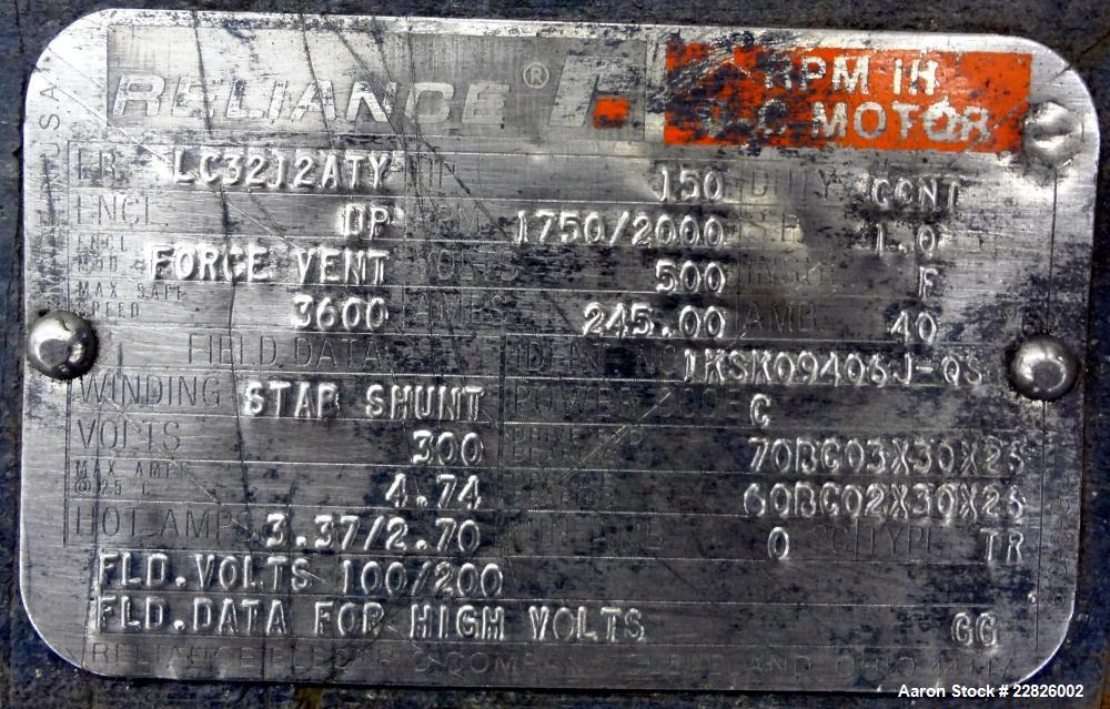 Used Reliance DC Motor. 150hp, 500 volts, 1750/2000 rpm. Frame LC32J2ATY. ID#1KSK09406J-QS. Includes an 8 belt sheave. Last used on a 110mm twin screw extruder.