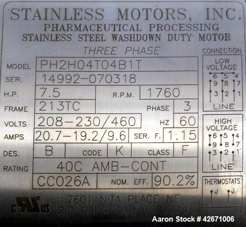 Used- Stainless Motors Inc. Pharmaceutical Stainless Steel Wash Down Series TEFC Motor, Model PH2H04T04B1T