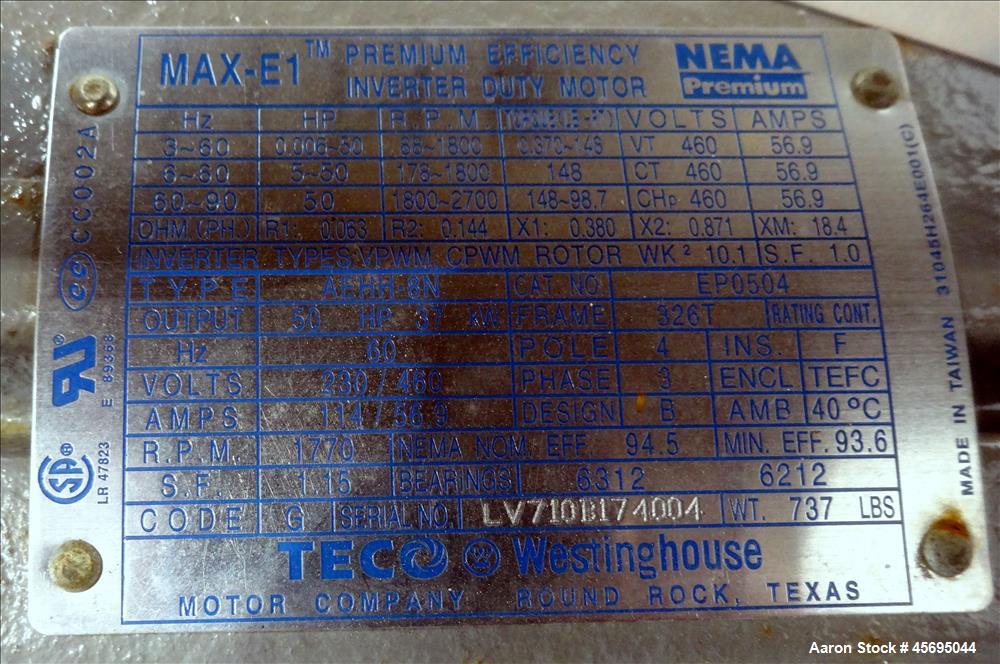 Unused- TECO Westinghouse Premium Efficiency Inverter Duty Motor, Type AEHH8N, Catalog# EP0504. Certified for hazardous locations. 50hp, 3/60/230/460 volt, 1770 rpm. Frame size 326T, TEFC enclosure.