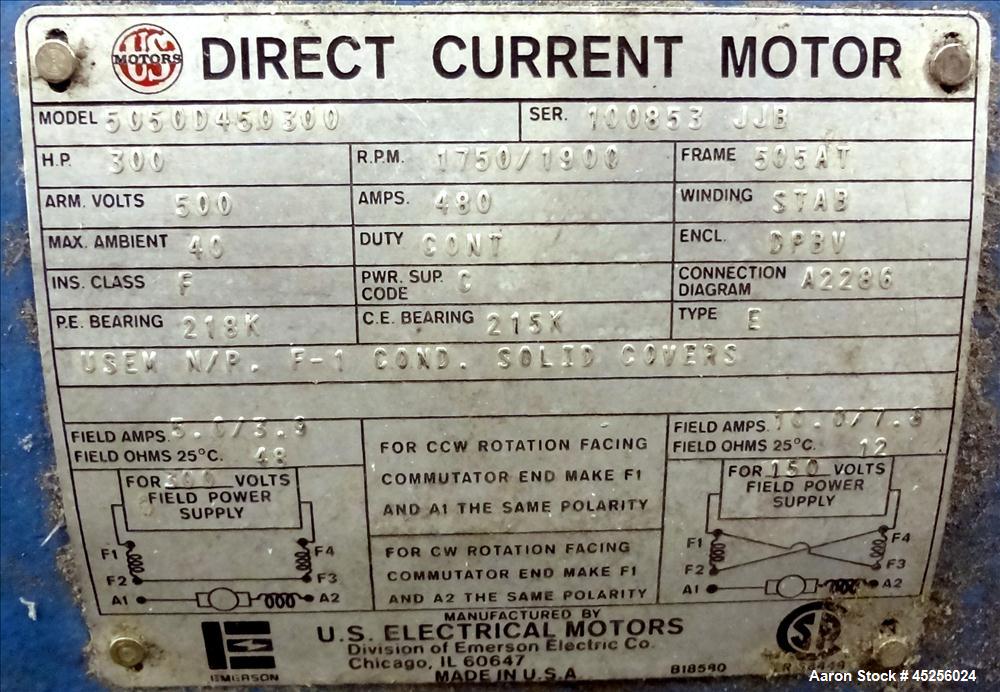 Used US Motor 300hp DC Motor. Frame size 505AT. 500 Volts, 1750/1900 rpm.