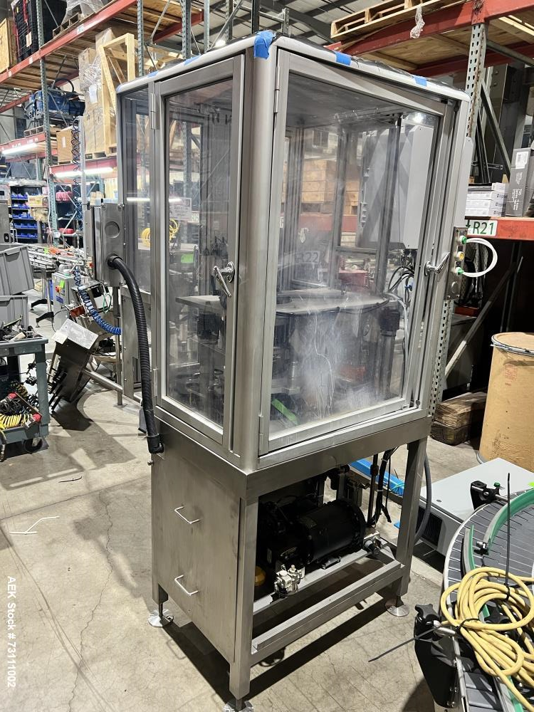 Used Terco Complete BOV Bag On Valve Aerosol Canning Line. Consists of: Garvey Stainless steel unscrambler, Garvey table top chain conveyor, Terco Rotary UTC gasser/crimper with TTV  product filler w...