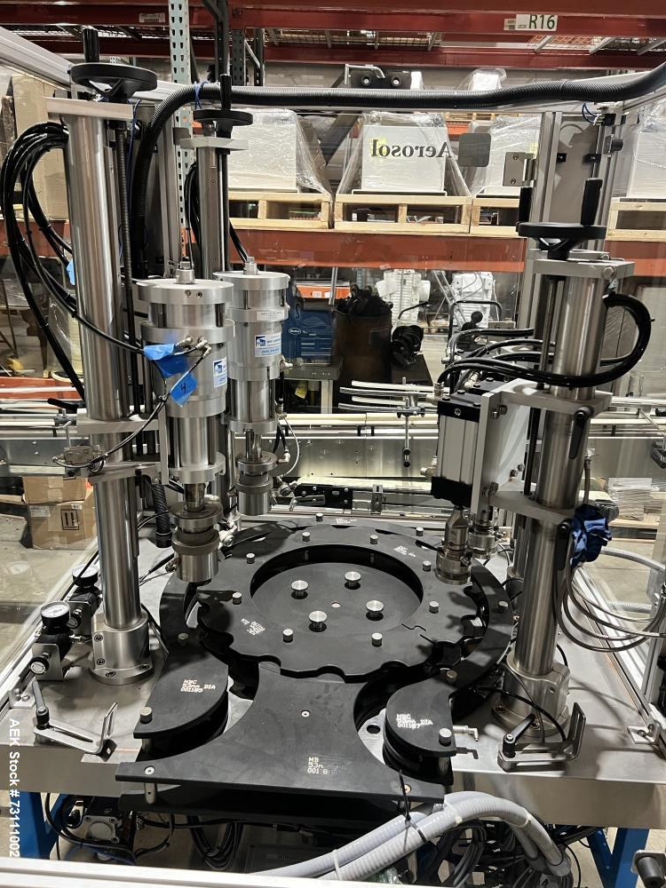 Used Terco Complete BOV Bag On Valve Aerosol Canning Line. Consists of: Garvey Stainless steel unscrambler, Garvey table top chain conveyor, Terco Rotary UTC gasser/crimper with TTV  product filler w...