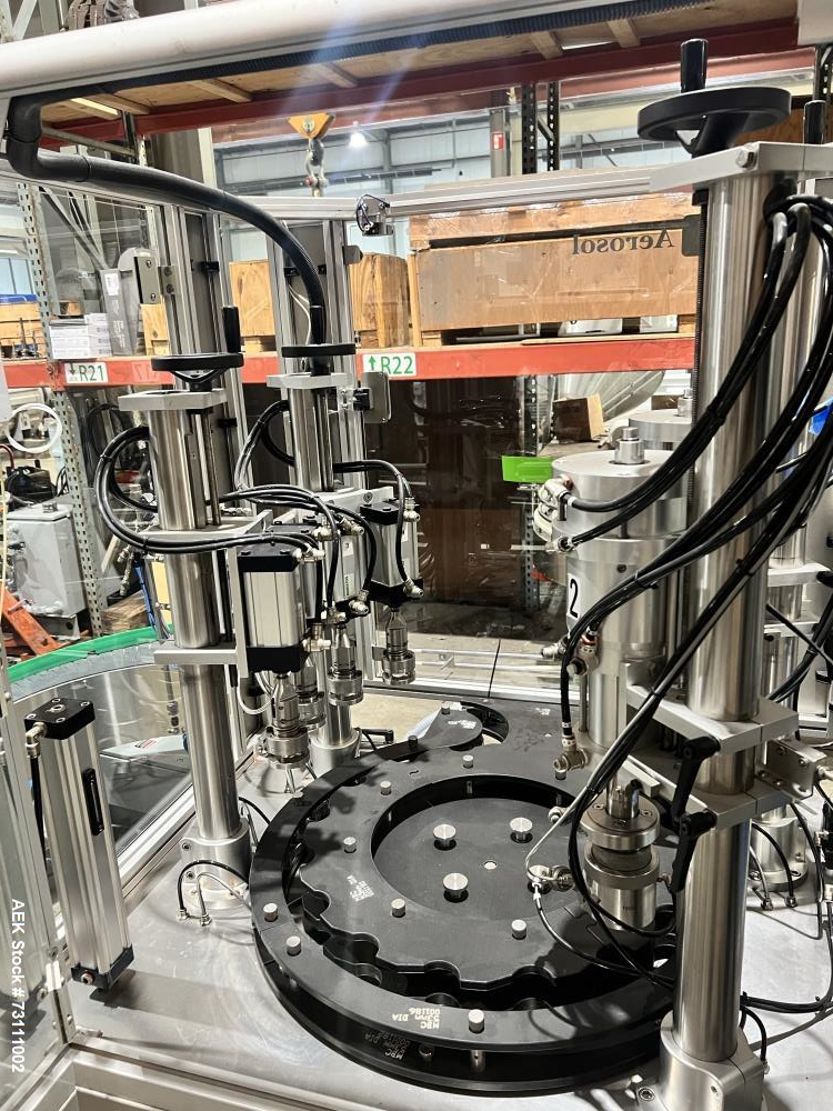 Used Terco Complete BOV Bag On Valve Aerosol Canning Line. Consists of: Garvey Stainless steel unscrambler, Garvey table top chain conveyor, Terco Rotary UTC gasser/crimper with TTV  product filler w...