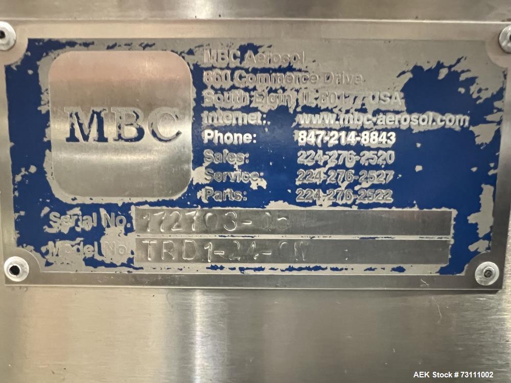 Used Terco Complete BOV Bag On Valve Aerosol Canning Line. Consists of: Garvey Stainless steel unscrambler, Garvey table top chain conveyor, Terco Rotary UTC gasser/crimper with TTV  product filler w...