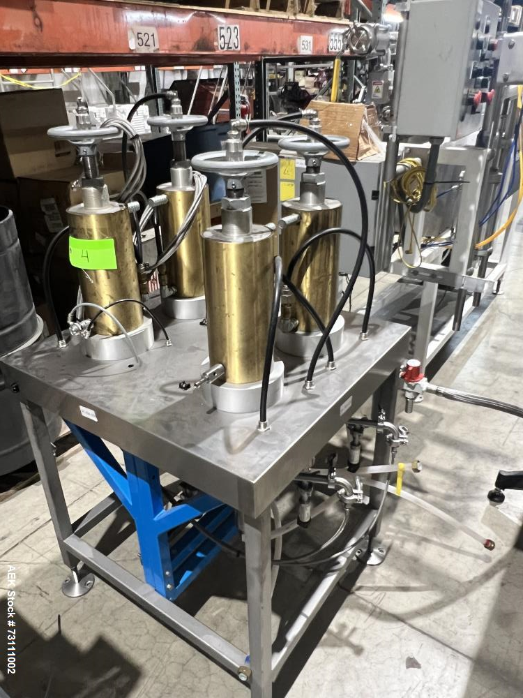 Used Terco Complete BOV Bag On Valve Aerosol Canning Line. Consists of: Garvey Stainless steel unscrambler, Garvey table top chain conveyor, Terco Rotary UTC gasser/crimper with TTV  product filler w...