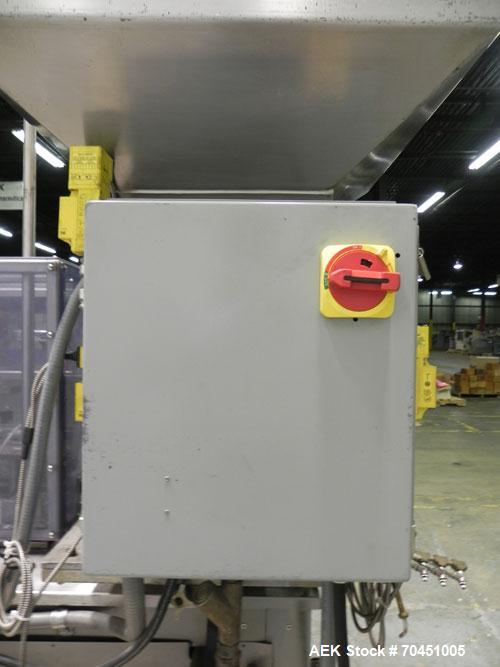 Used Haumiller Stainless Steel (6) Pocket Spray Tip Applicator. Single Hammer, 16” vibratory feeder bowl. Approximate 24” x 24” x 12” deep hopper. Allen Bradley Panel View 1000.