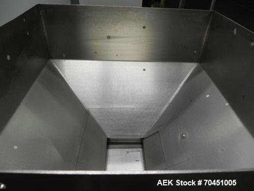 Used Haumiller Stainless Steel (6) Pocket Spray Tip Applicator. Single Hammer, 16” vibratory feeder bowl. Approximate 24” x 24” x 12” deep hopper. Allen Bradley Panel View 1000.