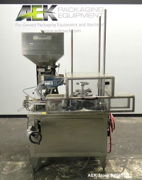 Used Haumiller model 3400 Stainless Steel (6) Pocket Spray Tip Applicator. Single Hammer, 16” vibratory feeder bowl. Approximate 24” x 24” x 12” deep hopper. Allen Bradley Panel View 1000