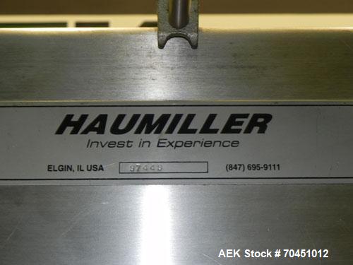 Used Haumiller model 3400 Stainless Steel (6) Pocket Spray Tip Applicator. Single Hammer, 16” vibratory feeder bowl. Approximate 24” x 24” x 12” deep hopper. Allen Bradley Panel View 1000