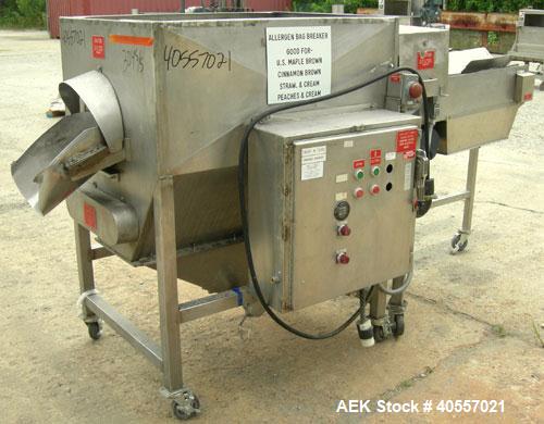 Used Product Saver bag breaker, 304 stainless steel. Approximately 12" wide x 48" long conveyor feed, 1 hp, 3/60/208-230/460 volt, 1730 rpm motor. Ideal for pouches up to 1 pound. (1) approximately 1...
