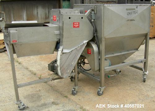Used Product Saver bag breaker, 304 stainless steel. Approximately 12" wide x 48" long conveyor feed, 1 hp, 3/60/208-230/460 volt, 1730 rpm motor. Ideal for pouches up to 1 pound. (1) approximately 1...