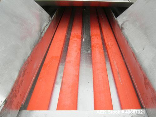 Used Product Saver bag breaker, 304 stainless steel. Approximately 12" wide x 48" long conveyor feed, 1 hp, 3/60/208-230/460 volt, 1730 rpm motor. Ideal for pouches up to 1 pound. (1) approximately 1...