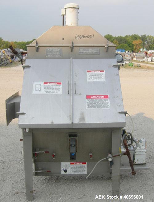 Used American Process Systems Filtered Bag Dump Work Station, Model D212/5248, Type FBD-200, 304 Stainless Steel. Dump area 42" wide x approximately 18" deep, hinged front door, product grate. Coned ...