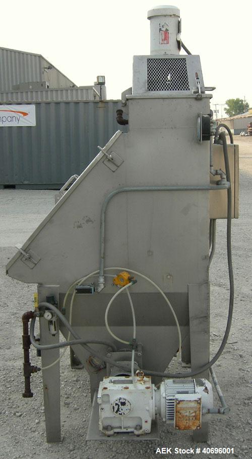 Used American Process Systems Filtered Bag Dump Work Station, Model D212/5248, Type FBD-200, 304 Stainless Steel. Dump area 42" wide x approximately 18" deep, hinged front door, product grate. Coned ...