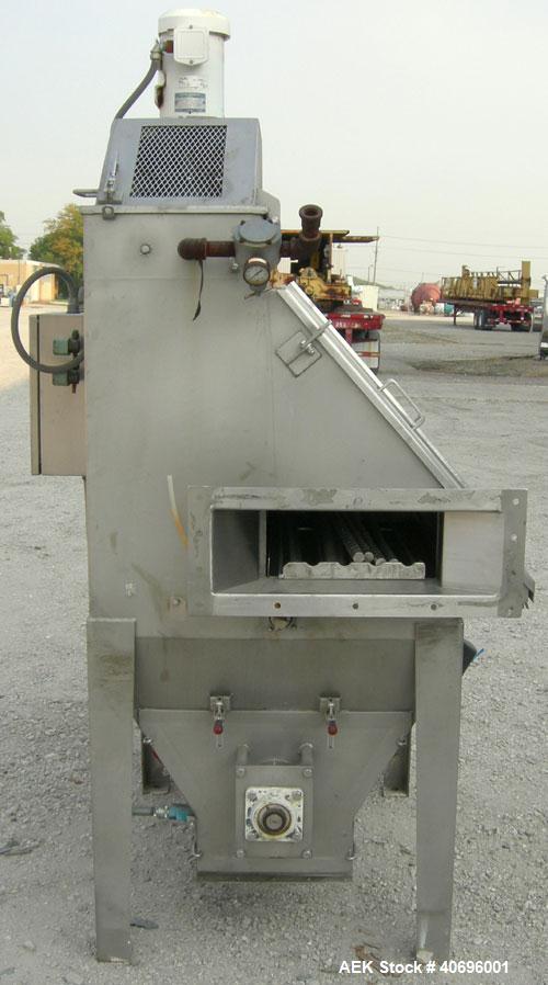Used American Process Systems Filtered Bag Dump Work Station, Model D212/5248, Type FBD-200, 304 Stainless Steel. Dump area 42" wide x approximately 18" deep, hinged front door, product grate. Coned ...