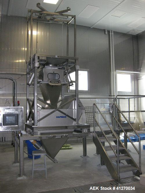 Used Hapman Super Sac Unloader/Bag Break / Dump Station, Model X098-188AA, stainless steel. With 6" diameter x 10' long incline screw conveyor.