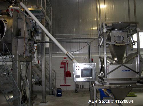 Used Hapman Super Sac Unloader/Bag Break / Dump Station, Model X098-188AA, stainless steel. With 6" diameter x 10' long incline screw conveyor.