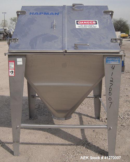 Used Hapman Non-Filtered Bag Dump Station, 304 stainless steel. Dump area 36" wide x 36" deep, hinged front door, 6’’ back opening, no product grate. Coned bottom hopper, 8" outlet. Mounted on 4 stai...