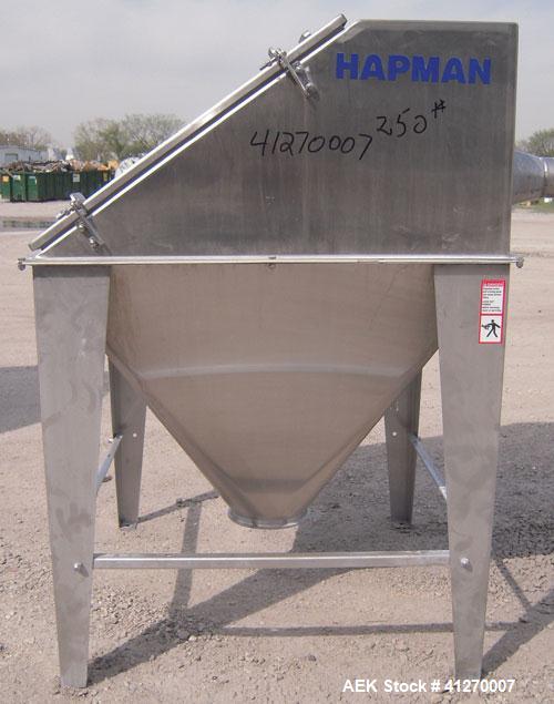 Used Hapman Non-Filtered Bag Dump Station, 304 stainless steel. Dump area 36" wide x 36" deep, hinged front door, 6’’ back opening, no product grate. Coned bottom hopper, 8" outlet. Mounted on 4 stai...